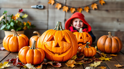 Jack-o'-Lantern and Pumpkins on a Wooden Table with Fall Leaves