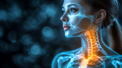 Naklejka premium Detailed anatomical representation of a woman's skeleton, highlighting the spine and collarbone with glowing effects.