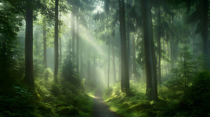 Fototapeta premium Sunbeams Through Foggy Forest Path - Nature Photography