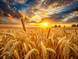 a yellow, spiky ripe field of ripe wheat, ready for harvest, meets the bright dawn