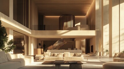 Fototapeta premium Modern luxury living room with plush furniture, high-end materials, and a neutral, calming color palette.