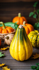 Close-up of a yellow pumpkin with green stripes, surrounded by other pumpkins and autumn leaves on a wooden table