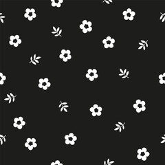 Black and white messy seamless floral pattern. Monochrome botanical tiny flowers and leaves, spring season background, vector seamless pattern