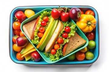 Colorful lunch box filled with sandwiches, fruits, and tomatoes isolated on white background top view