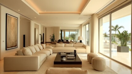 Modern, minimalist living room with clean lines, neutral tones, and high-end, sleek furnishings.