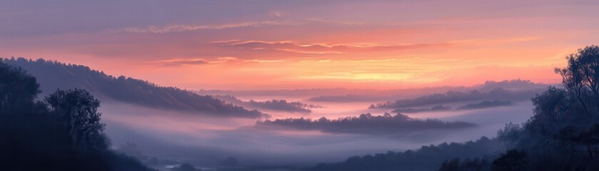 Obraz premium Serene Sunrise Over Misty Hills with Vibrant Colors and Tranquil Atmosphere