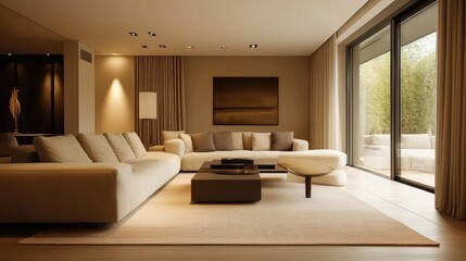 Fototapeta premium Modern, minimalist living room with clean lines, neutral tones, and high-end, sleek furnishings.