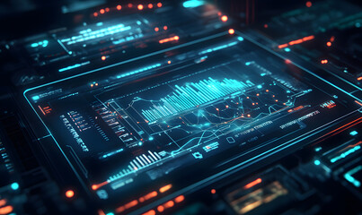 Futuristic financial dashboards and luxury business charts with glowing neon lines, gold accents, and connected nodes for corporate branding.