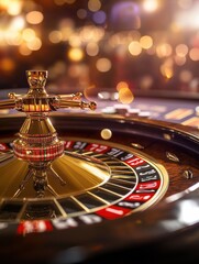 Obraz premium A close-up view of a spinning roulette wheel with a bouncing ball and scattered casino chips in a lively gaming environment. Generative AI