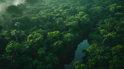 Obraz premium Aerial View of a Lush Rainforest with a Winding River