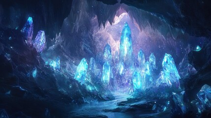 Fototapeta premium Enchanting Crystal Cave with Glowing Blue and Purple Crystals in a Mystical Underground Setting