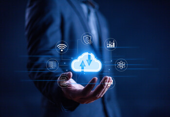 Cloud computing concept, internet backup storage, network and digital, mobile cloud icons and cyber security. Digital transformation.