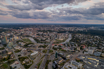 Fototapeta premium Aerial autumn sunset view of Vilnius downtown, Lithuania