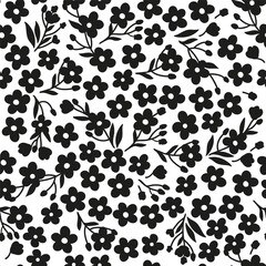 Black and white messy seamless floral pattern. Monochrome botanical tiny flowers and leaves, spring season background, vector seamless pattern