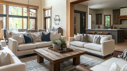 Modern rustic living room with wooden accents, neutral tones, and an open, airy layout.