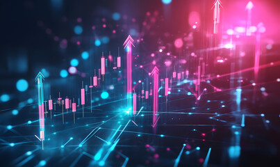 Futuristic financial dashboards and luxury business charts with glowing neon lines, gold accents, and connected nodes for corporate branding.