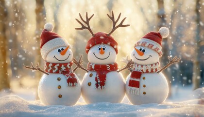 Cheerful snowmen in festive scarves and hats, celebrating winter.