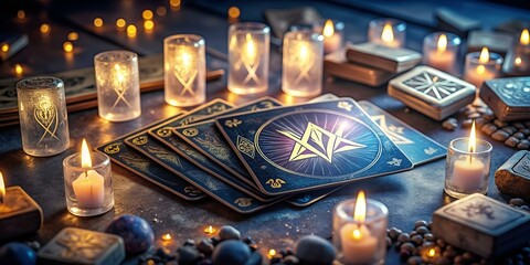 Fototapeta premium Mystical tarot reading setup with illuminated cards, candles, and decorative stones on a richly textured surface