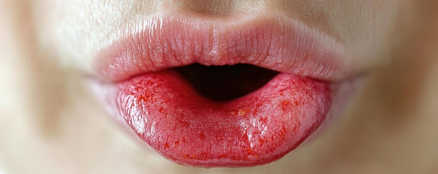 Photorealistic close-up of a person s tongue with red, inflamed taste buds, signs of glossitis