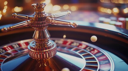 A close-up of a spinning roulette wheel with a bouncing ball and scattered casino chips at a vibrant gaming table. Generative AI