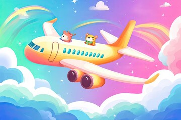 A Yellow Airplane Flying Through Rainbow Clouds with Two Cute Animal Passengers