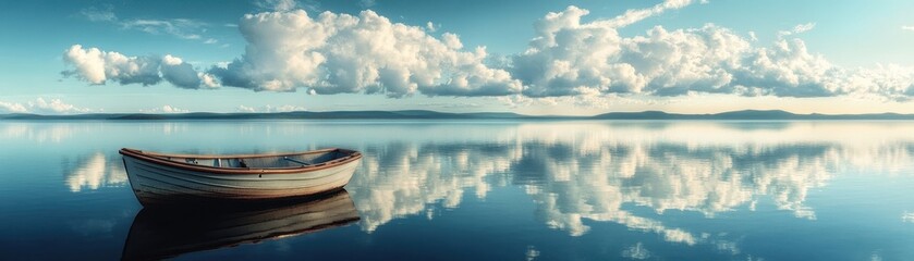 Fototapeta premium Tranquil Wooden Boat Floating on Serene Lake with Reflective Clouds and Distant Mountains
