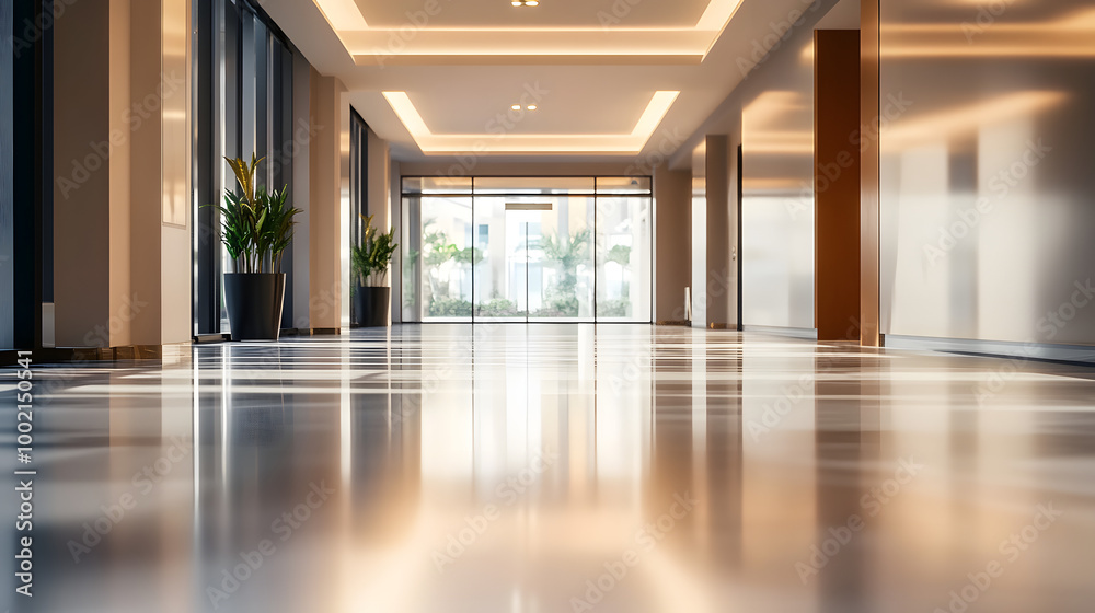 Wall mural an elegant empty hallway with shiny floors, bright lighting and modern design elements, creating a r