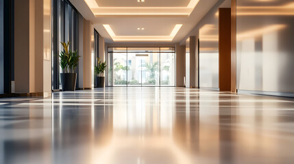 Fototapeta premium An elegant empty hallway with shiny floors, bright lighting and modern design elements, creating a refined and sophisticated ambiance.