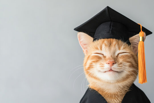 A cat wearing a black cap and gown is smiling