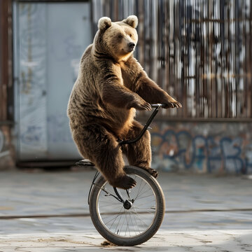 Brown bear balancing on one wheel riding a unicycle