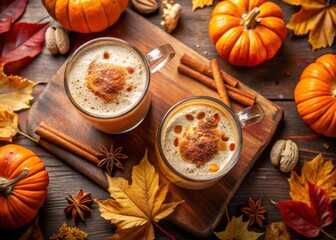 Cozy Pumpkin Spice Drinks Surrounded by Autumn Leaves and Seasonal Decorations for Fall Vibes