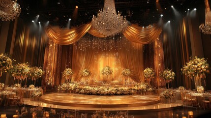 Fototapeta premium Elegant stage setup with luxurious golden curtains, crystal chandeliers, and round tables adorned with flowers and candles for the audience, creating a grand atmosphere.