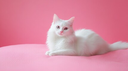 White cat laying on pink bed. Perfect for pet, animal, and home decor projects.