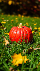 Red Pumpkin in Autumn Grass