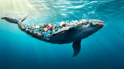 A whale made of plastic bottles is swimming in the ocean