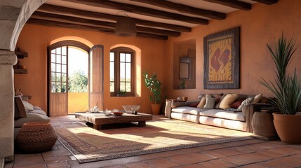 Living room with warm stone walls, wooden beams, and vibrant terracotta accents.