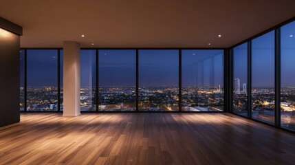 Empty modern room with floor-to-ceiling windows providing a breathtaking view of the city at night.