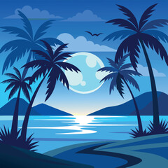 Fototapeta premium Tropical paradise: palm trees sway over the sandy beach with the clear ocean and summer sky