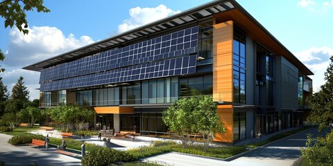 grey and cream modern office building design with contemporary solar panel technology, design of natural and green technology 
