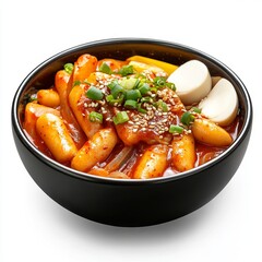 Tokbokki korean traditional food on black bowl isolated on white background.