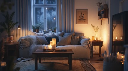 Fototapeta premium Living room with cozy textiles, soft lighting, and wooden furniture.