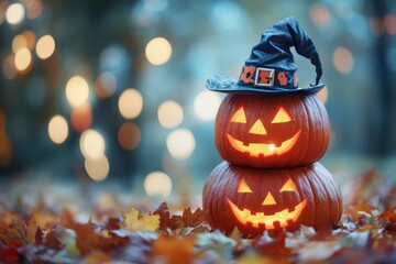 Naklejka premium Spooky jack-o'-lanterns glowing among falling autumn leaves.