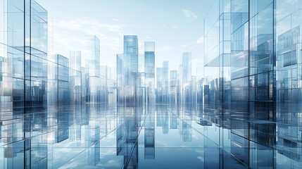 Futuristic cityscape with transparent, glass-like skyscrapers reflecting on a glossy surface. The clear blue sky enhances the modern and clean aesthetic, creating a symmetrical and utopian urban scene