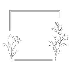 Fototapeta premium Floral and square hand drawn style. Floral black and white frame of twigs, leaves and flowers. Frames for the Valentine's day, wedding decor, logo and identity template.