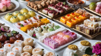 Exquisite festival sweets from different parts of the world, presented in elegant and luxurious serving dishes.