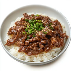 Delicious bulgogi with rice recipe korean food isolated on white background.