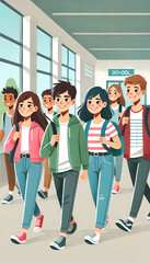 Fototapeta premium Group of Students Walking in School Hallway 