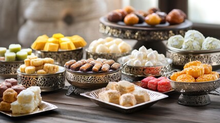 Exquisite festival sweets from different parts of the world, presented in elegant and luxurious serving dishes.