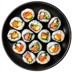 Korean gimbap on black plate isolated on white background.