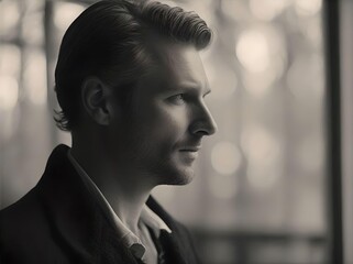 Black and White Headshot Profile Portrait of a Man with a Neat Hairstyle, Wearing a Suit and Shirt, Standing on the Porch